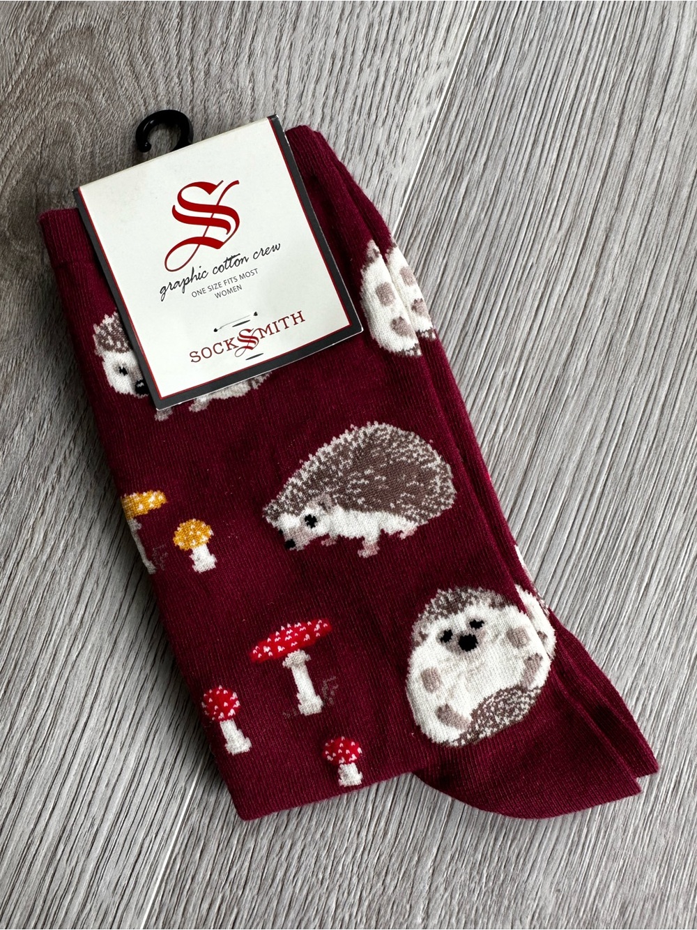 Burgundy Hedgehog Mushroom Crew Socks - Ladies OS Cute Small Pets Design